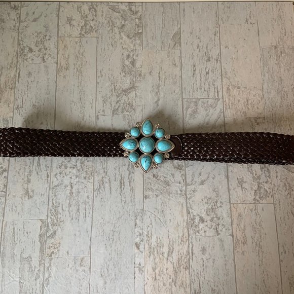 Brown Woven Belt with Turquoise Stone Accent - Picture 2 of 9